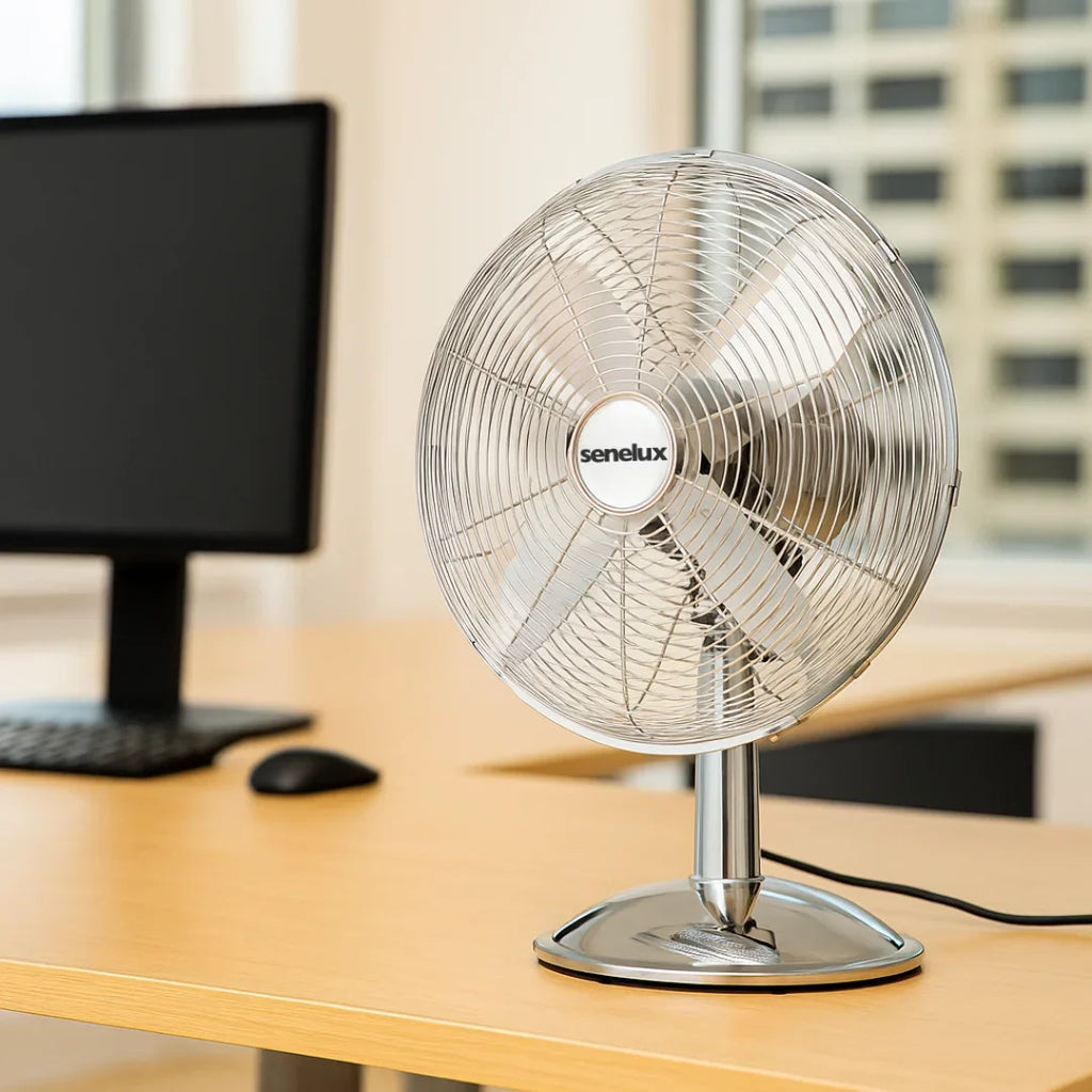 Senelux 12 inch Chrome Desk Fan; Great for Home Cooling and Comfort in Bedrooms, Living Rooms and Offices-1